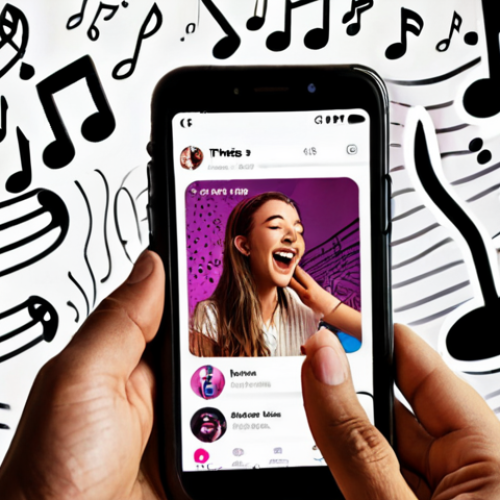 Home 4 A person happily scrolling through TikTok on their phone, surrounded by musical notes and trending hashtags, symbolizing the joy of discovering new music and trends on the platform. The overall tone should be vibrant and energetic.