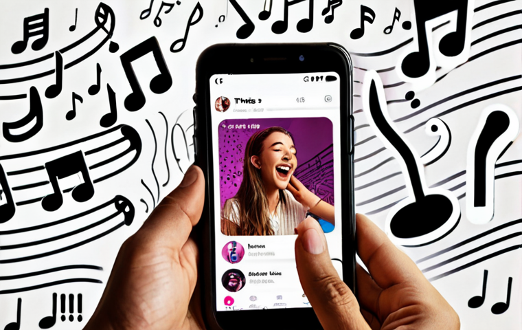 A person happily scrolling through TikTok on their phone, surrounded by musical notes and trending hashtags, symbolizing the joy of discovering new music and trends on the platform. The overall tone should be vibrant and energetic.